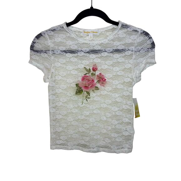 Sugar Moon NWT Sheer Lace Top Crop Size S White Egret Floral Coquette Stretch - Picture 1 of 8